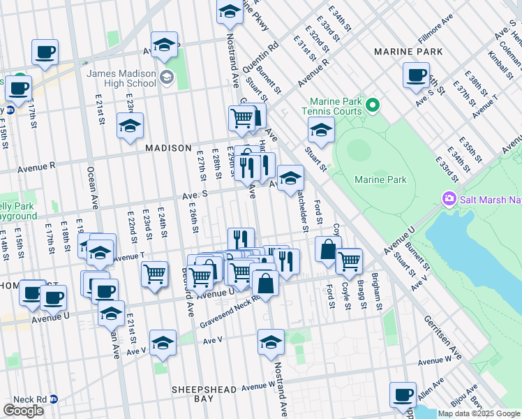 map of restaurants, bars, coffee shops, grocery stores, and more near 3301 Nostrand Avenue in Brooklyn