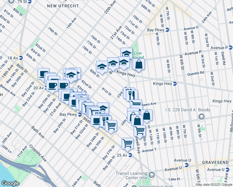 map of restaurants, bars, coffee shops, grocery stores, and more near 2278 80th Street in Brooklyn