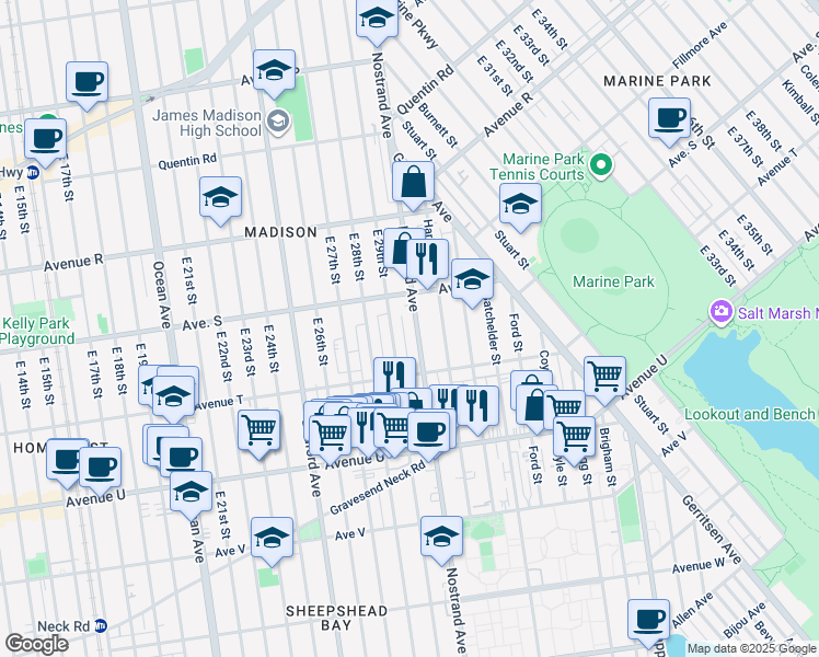 map of restaurants, bars, coffee shops, grocery stores, and more near 3280 Nostrand Avenue in Brooklyn