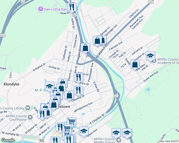map of restaurants, bars, coffee shops, grocery stores, and more near 117 Pannebaker Avenue in Lewistown