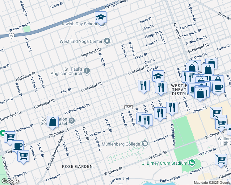 map of restaurants, bars, coffee shops, grocery stores, and more near 738 North Berks Street in Allentown