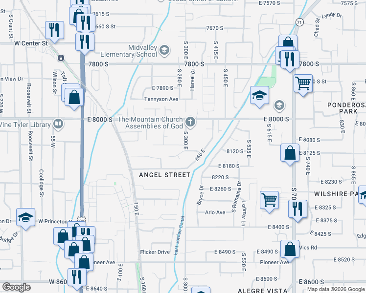map of restaurants, bars, coffee shops, grocery stores, and more near Water Vista Way in Salt Lake County