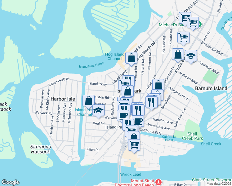 map of restaurants, bars, coffee shops, grocery stores, and more near 167 Radcliffe Road in Island Park
