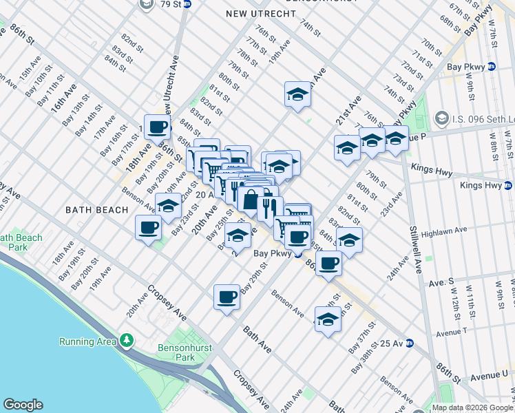 map of restaurants, bars, coffee shops, grocery stores, and more near 2071 86th Street in Brooklyn