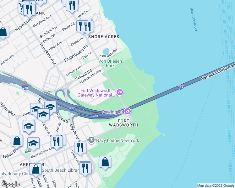 map of restaurants, bars, coffee shops, grocery stores, and more near New York Avenue in Staten Island