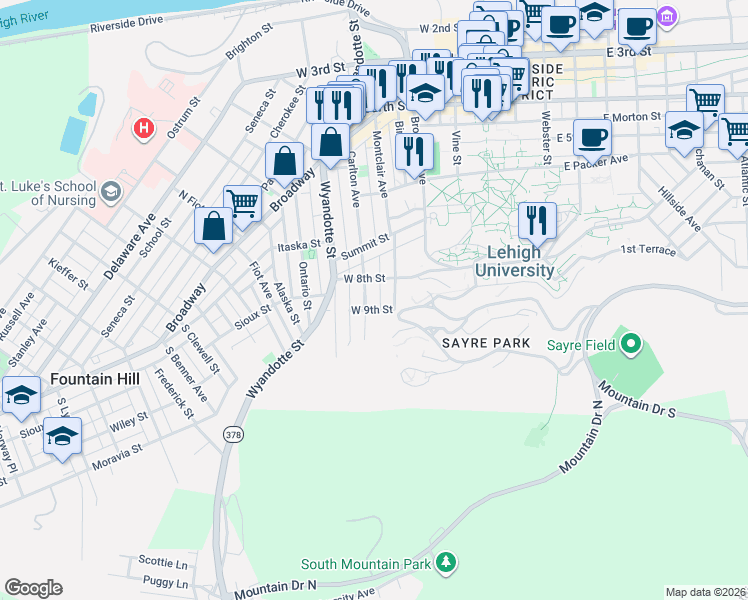 map of restaurants, bars, coffee shops, grocery stores, and more near 314 West 9th Street in Bethlehem
