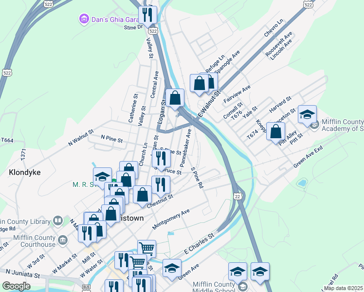map of restaurants, bars, coffee shops, grocery stores, and more near 117 Pannebaker Avenue in Lewistown