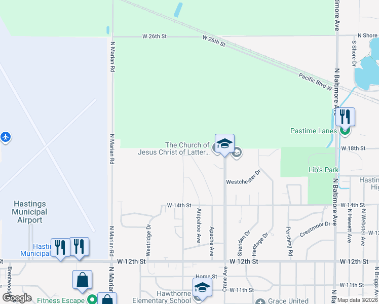 map of restaurants, bars, coffee shops, grocery stores, and more near 1718 Apache Avenue in Hastings