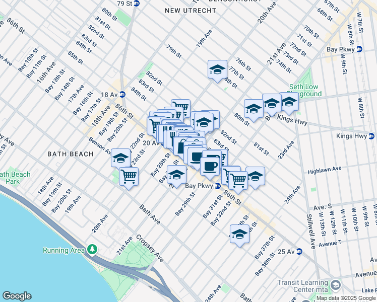 map of restaurants, bars, coffee shops, grocery stores, and more near 2071 86th Street in Brooklyn