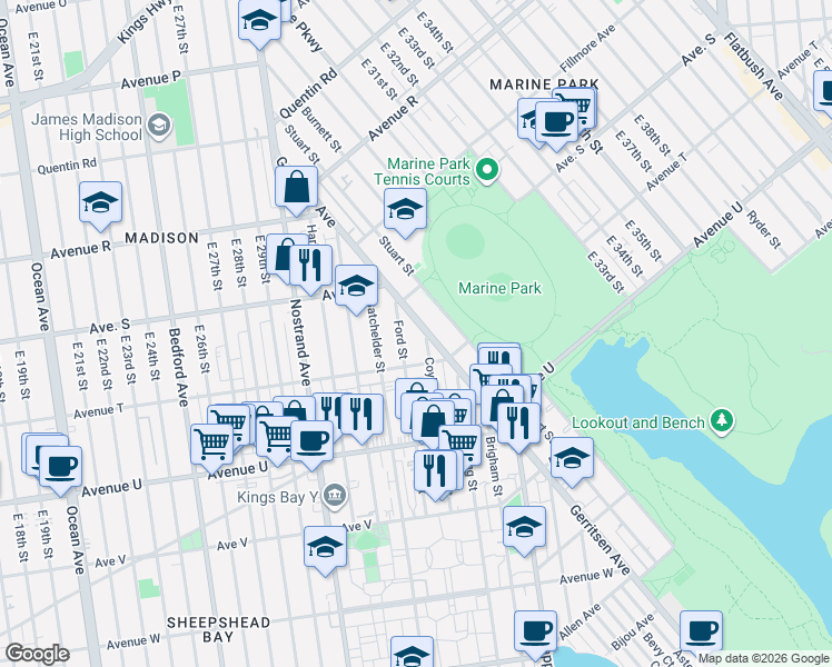 map of restaurants, bars, coffee shops, grocery stores, and more near 2042 Gerritsen Avenue in Brooklyn