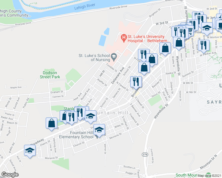 map of restaurants, bars, coffee shops, grocery stores, and more near 1045 Seneca Street in Fountain Hill