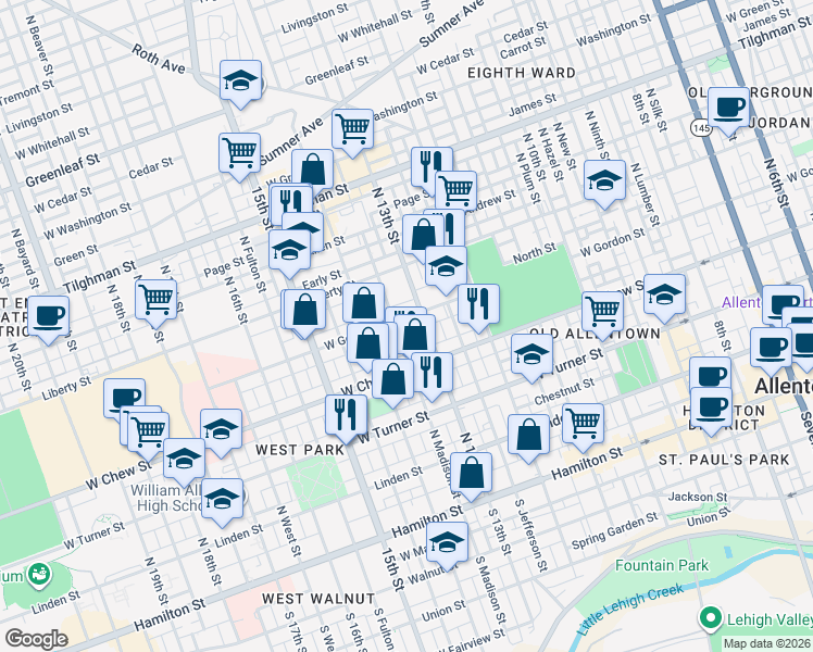 map of restaurants, bars, coffee shops, grocery stores, and more near 324 North Madison Street in Allentown