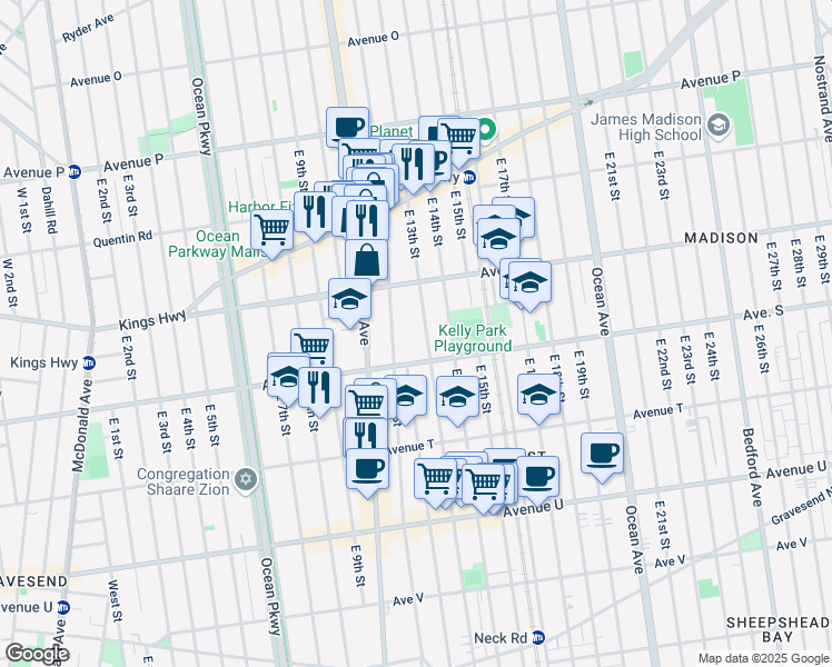 map of restaurants, bars, coffee shops, grocery stores, and more near 1858 East 13th Street in Brooklyn