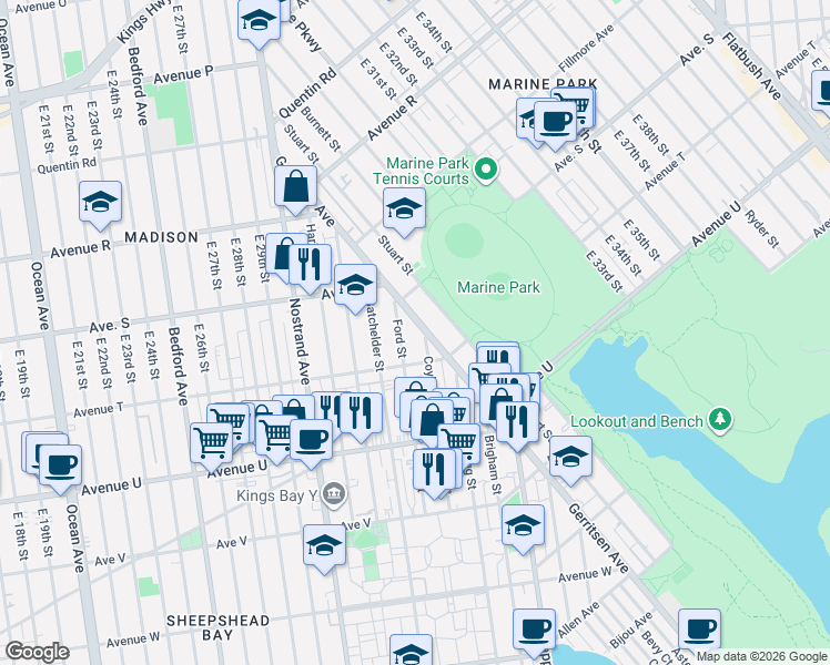 map of restaurants, bars, coffee shops, grocery stores, and more near 3041 Avenue T in Brooklyn