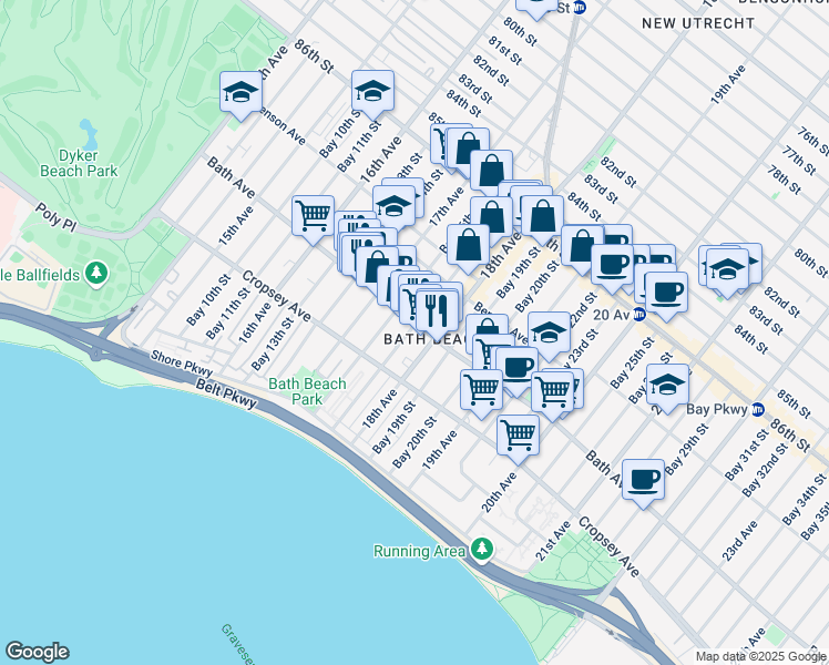 map of restaurants, bars, coffee shops, grocery stores, and more near 8798 18th Avenue in Brooklyn