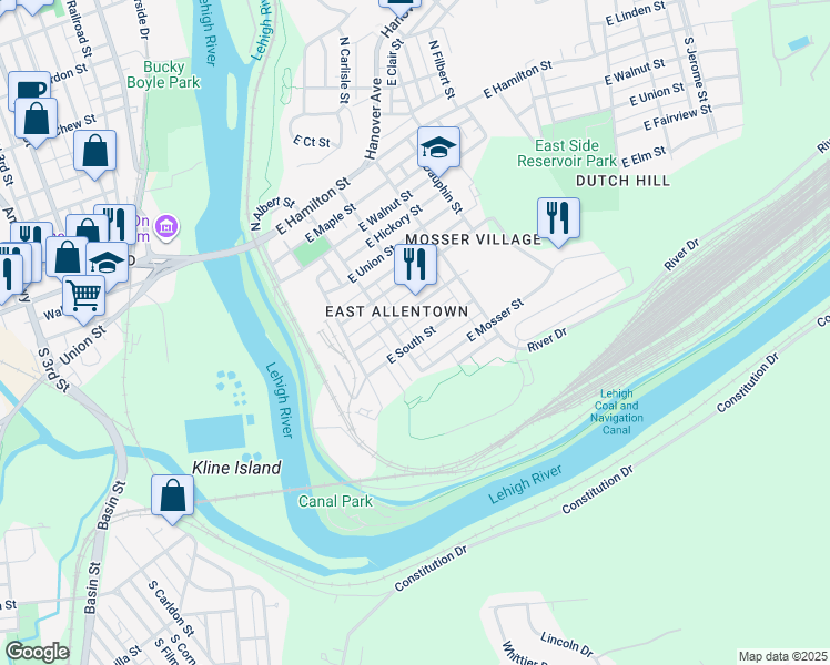 map of restaurants, bars, coffee shops, grocery stores, and more near 215 1/2 East South Street in Allentown