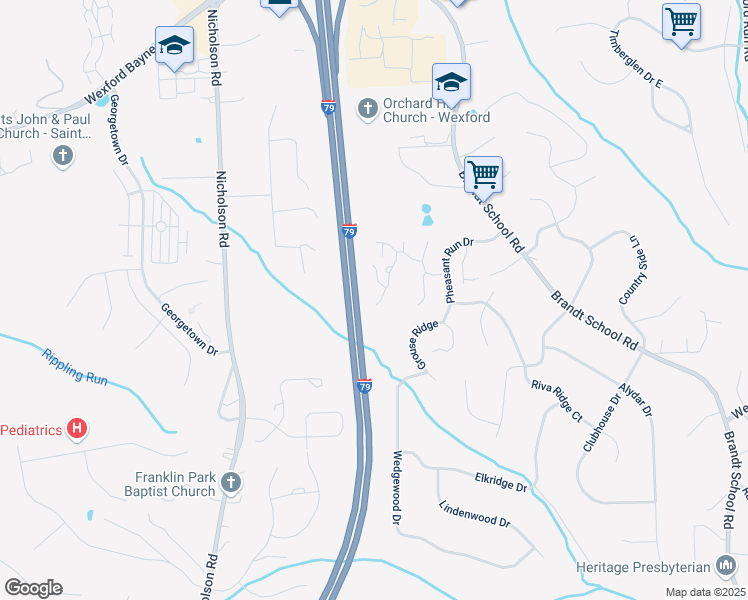 map of restaurants, bars, coffee shops, grocery stores, and more near 2758 Hunters Point Drive in Wexford