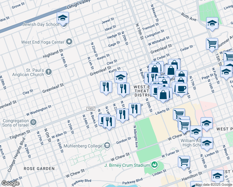 map of restaurants, bars, coffee shops, grocery stores, and more near 2147 Tilghman Street in Allentown
