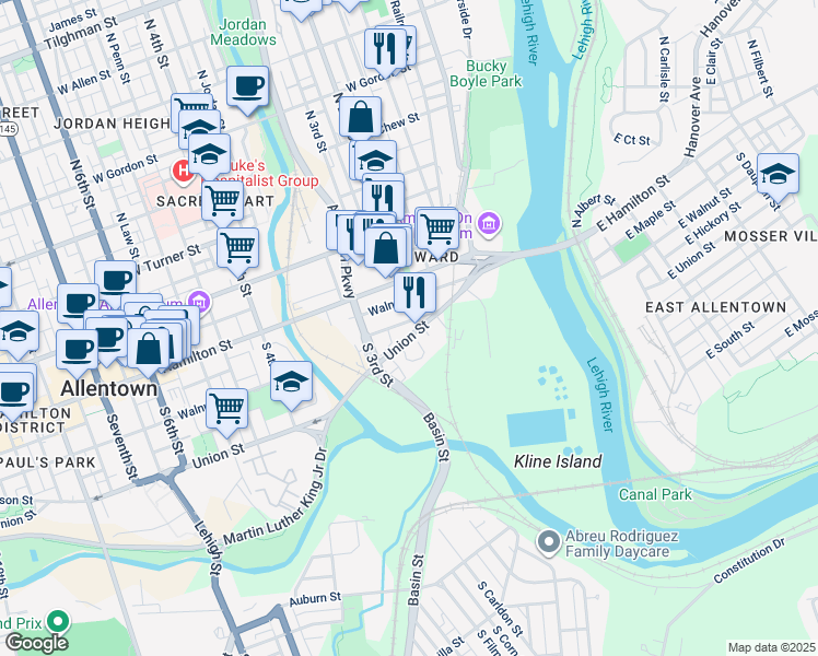 map of restaurants, bars, coffee shops, grocery stores, and more near 214-248 South 2nd Street in Allentown