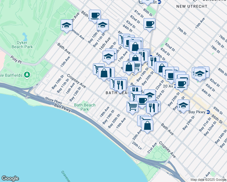 map of restaurants, bars, coffee shops, grocery stores, and more near 171 Bay 17th Street in Brooklyn