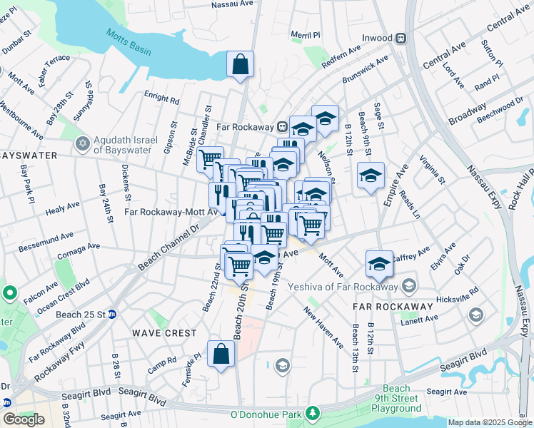 map of restaurants, bars, coffee shops, grocery stores, and more near 19-28 Mott Avenue in Queens