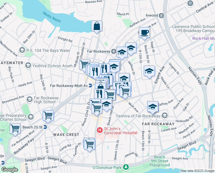 map of restaurants, bars, coffee shops, grocery stores, and more near 19-28 Mott Avenue in Queens