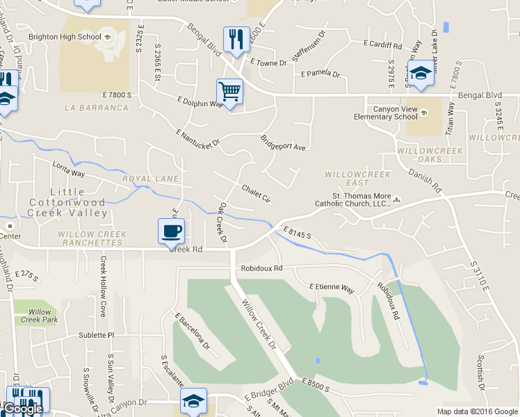 map of restaurants, bars, coffee shops, grocery stores, and more near 2623 Tuxedo Circle in Sandy