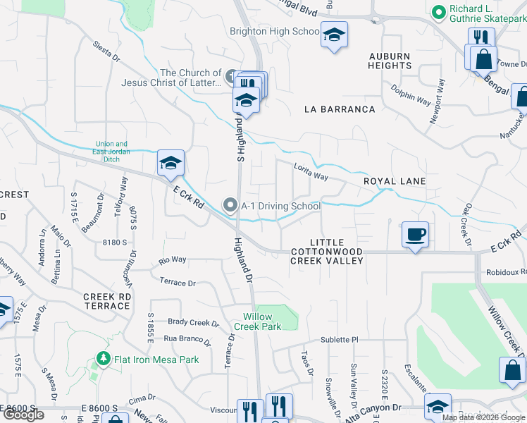 map of restaurants, bars, coffee shops, grocery stores, and more near 8126 Willow Stream Drive in Sandy
