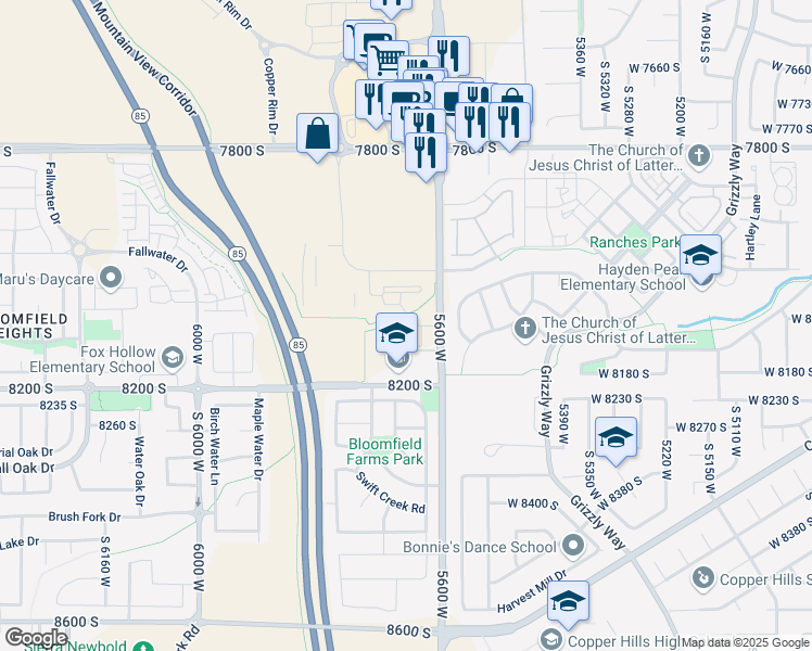 map of restaurants, bars, coffee shops, grocery stores, and more near 5662 8200 South in West Jordan