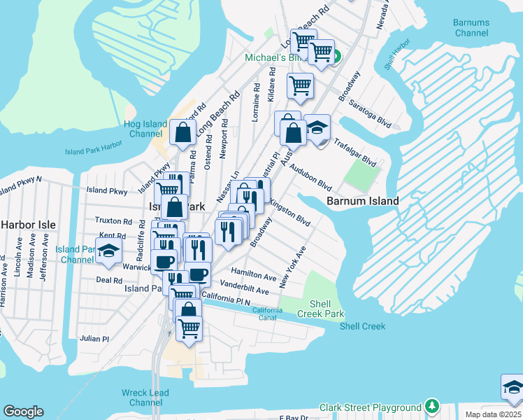 map of restaurants, bars, coffee shops, grocery stores, and more near 4334 Broadway in Island Park