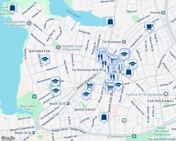 map of restaurants, bars, coffee shops, grocery stores, and more near 10-41 McBride Street in Queens