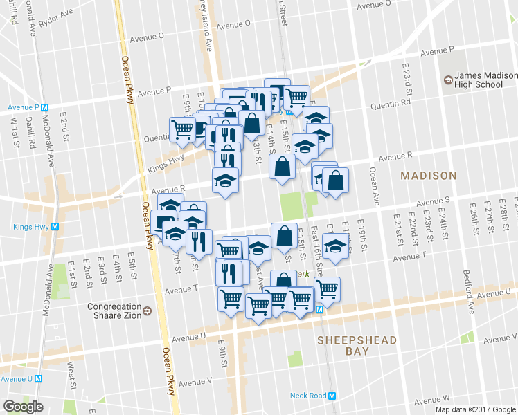 map of restaurants, bars, coffee shops, grocery stores, and more near 1887 East 13th Street in Brooklyn