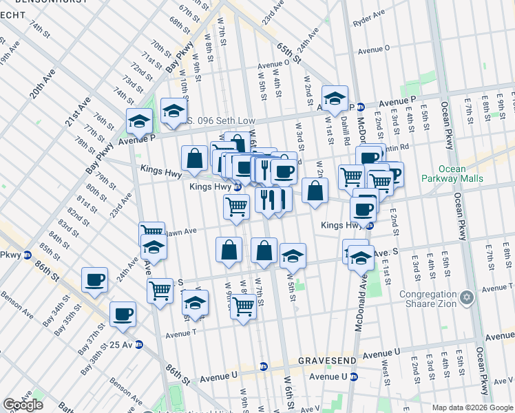 map of restaurants, bars, coffee shops, grocery stores, and more near 1798 West 7th Street in Brooklyn