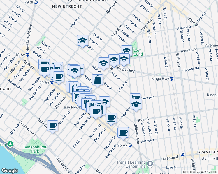 map of restaurants, bars, coffee shops, grocery stores, and more near 2240 82nd Street in Brooklyn