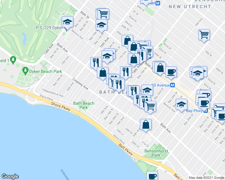 map of restaurants, bars, coffee shops, grocery stores, and more near 8798 18th Avenue in Brooklyn