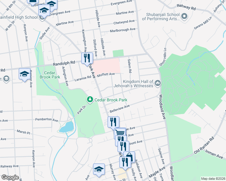 map of restaurants, bars, coffee shops, grocery stores, and more near 1306 South End Parkway in Plainfield