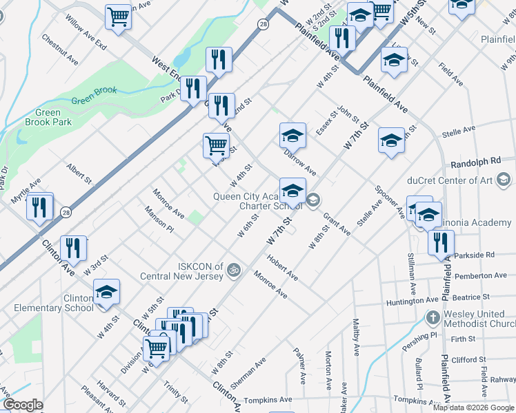 map of restaurants, bars, coffee shops, grocery stores, and more near 922-24 West 6th Street in Plainfield