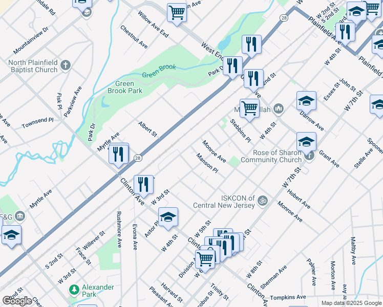 map of restaurants, bars, coffee shops, grocery stores, and more near 220 Morris Street in Plainfield