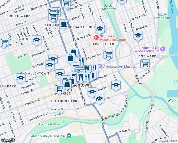 map of restaurants, bars, coffee shops, grocery stores, and more near 535 Hamilton Street in Allentown