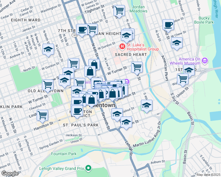 map of restaurants, bars, coffee shops, grocery stores, and more near 535 Hamilton Street in Allentown