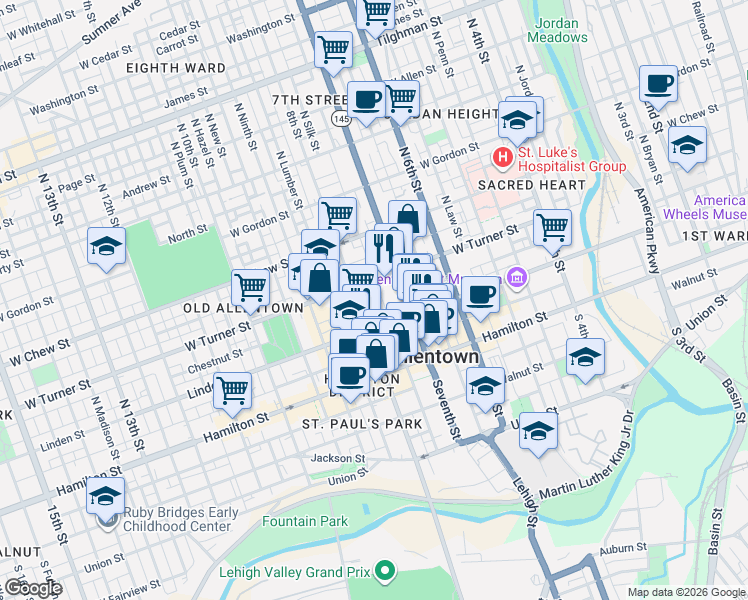 map of restaurants, bars, coffee shops, grocery stores, and more near 107 North Eighth Street in Allentown