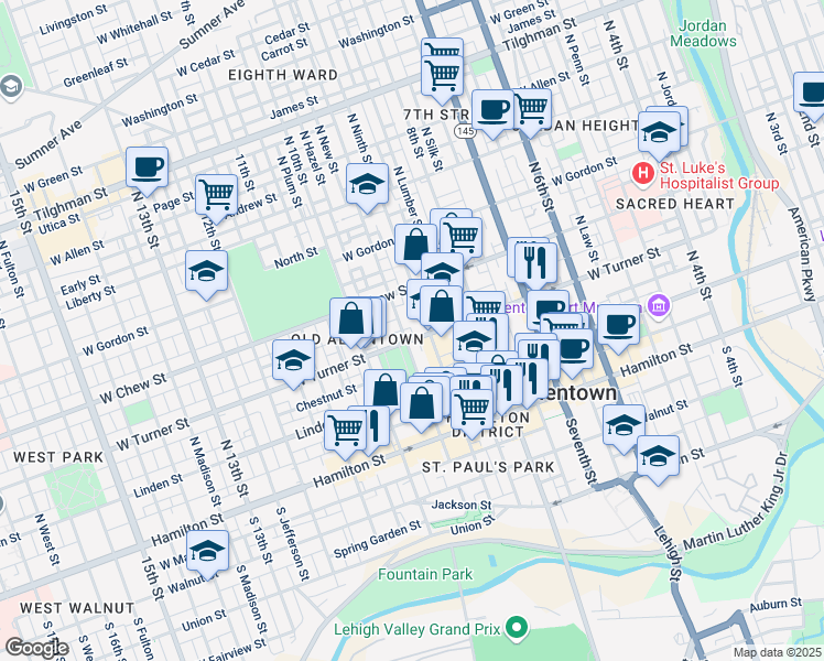 map of restaurants, bars, coffee shops, grocery stores, and more near 136 North Ninth Street in Allentown