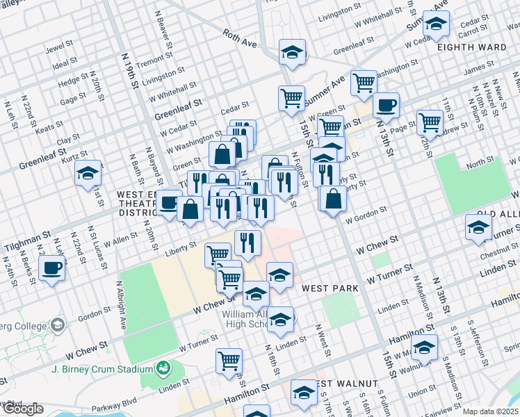 map of restaurants, bars, coffee shops, grocery stores, and more near in Allentown