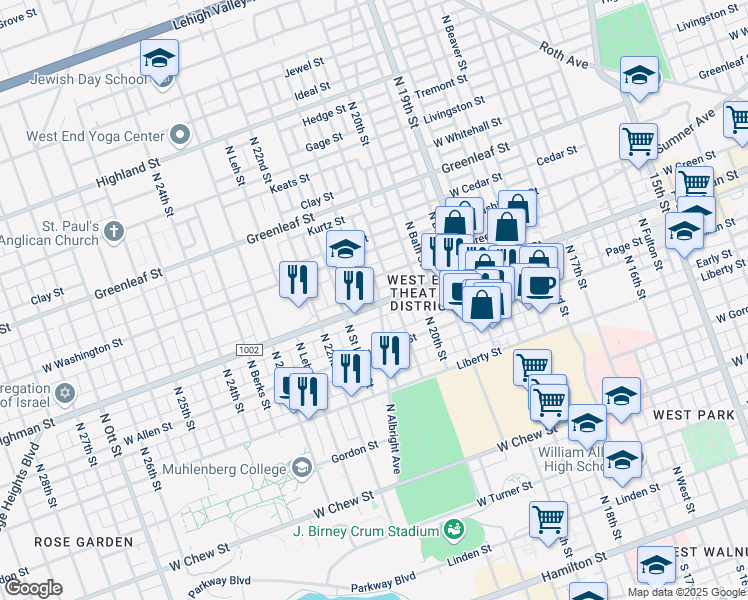 map of restaurants, bars, coffee shops, grocery stores, and more near 2108 Tilghman Street in Allentown