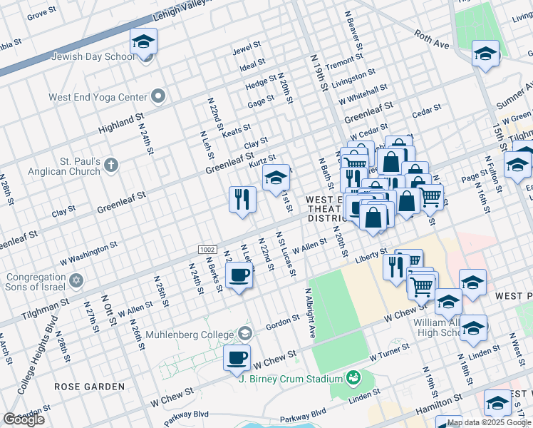 map of restaurants, bars, coffee shops, grocery stores, and more near 2147 Tilghman Street in Allentown