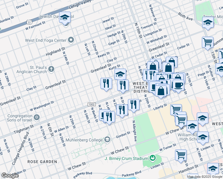 map of restaurants, bars, coffee shops, grocery stores, and more near 2147 Tilghman Street in Allentown