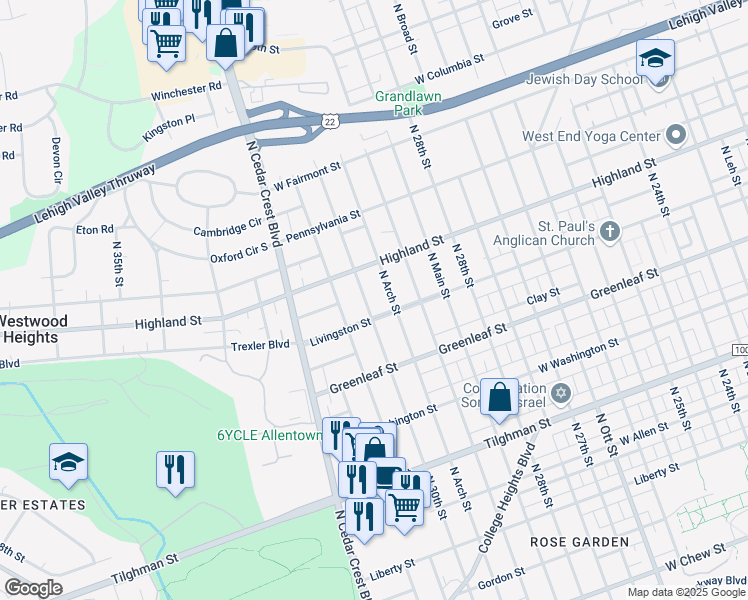 map of restaurants, bars, coffee shops, grocery stores, and more near 3003 Livingston Street in Allentown