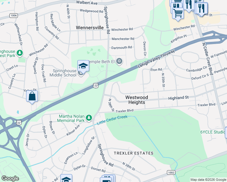 map of restaurants, bars, coffee shops, grocery stores, and more near 3778 West Highland Street in Allentown