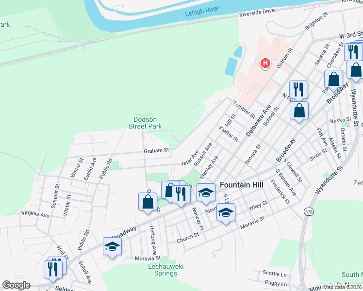 map of restaurants, bars, coffee shops, grocery stores, and more near 1226 Graham Street in Fountain Hill