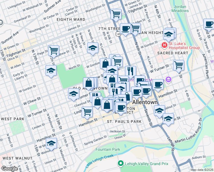 map of restaurants, bars, coffee shops, grocery stores, and more near 136 North Ninth Street in Allentown